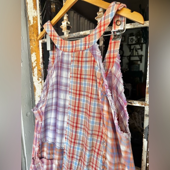 Oli & Hali Mixed Plaid Wide Leg Jumpsuit Large Raw Edge Cotton Boho - Picture 7 of 9